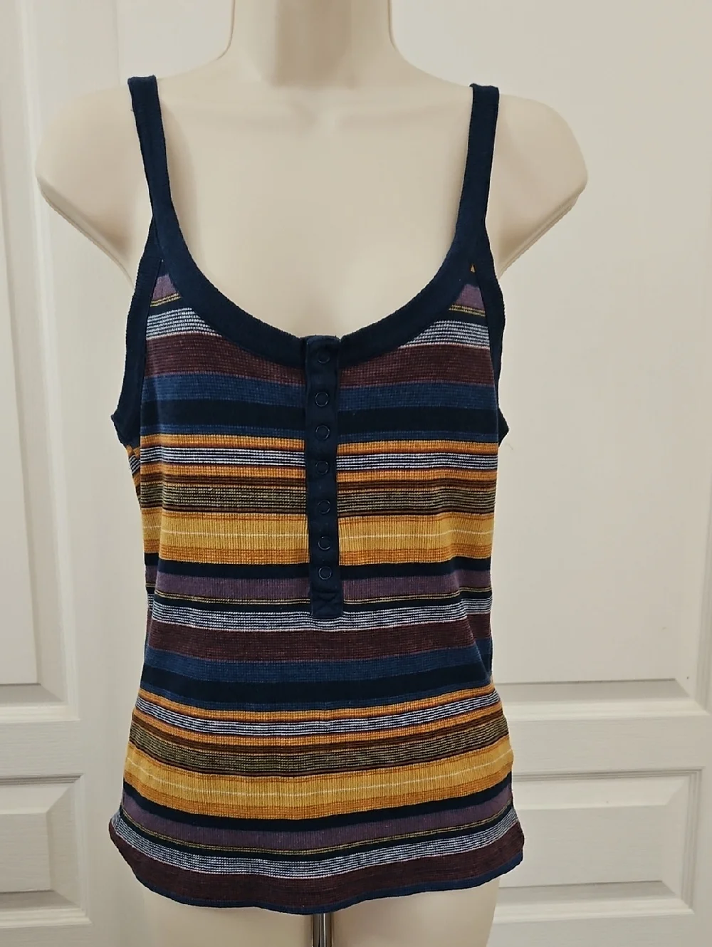 Women’s Striped Button-Front Tank Top in Navy, Mustard & Burgundy - Picture 1 of 12